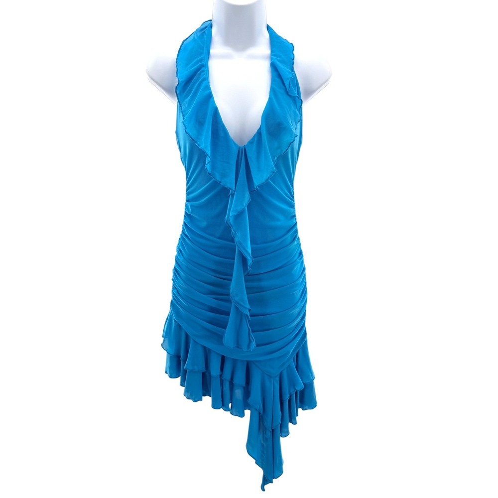 Outcast Clothing Saskia Blue Mesh Asymmetric Ruffle Halter Dress Clubwear Rave M